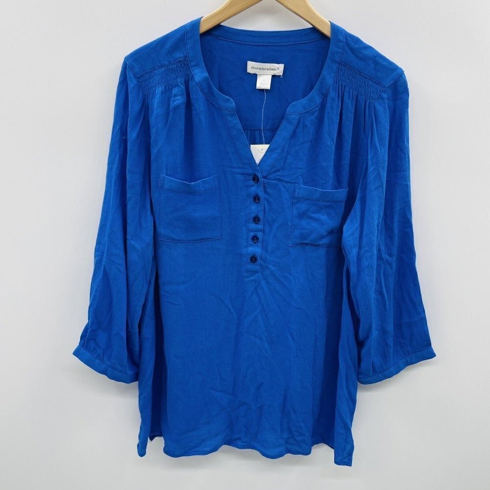 Christopher & Banks Womens Large 3/4 Sleeve Popover Blouse Tunic Top Blue 2436